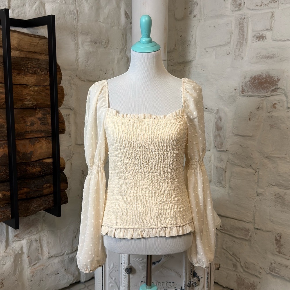 Promesa Ivory Smocked Blouse with Polka Dot Sheer Sleeves